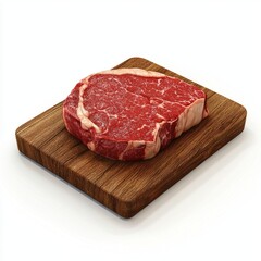 3D icon cartoon of a raw steak on a wooden cutting board, isolated on a white background 
