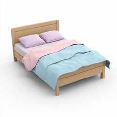 3D icon cartoon minimalist wooden bed frame with a pastel duvet isolated on a white background -