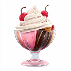 3D icon cartoon sundae in a glass bowl with whipped cream, isolated on a white background