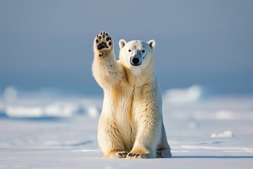 Charming white polar bear waving in snowy winter wonderland   perfect for arctic holiday cards