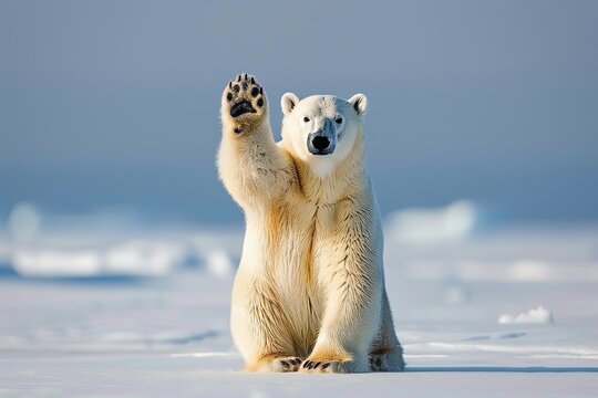 Charming white polar bear waving in snowy winter wonderland   perfect for arctic holiday cards