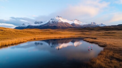 Obraz premium Pristine Patagonian landscape with snow-capped mountains, tranquil lake reflections, and serene flamingos. Explore stunning natural beauty and wildlife.