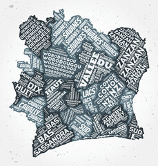 Cote d'Ivoire regions word clouds. Country shape on textured background. Cote d'Ivoire design in typographic style. Vibrant vector illustration.
