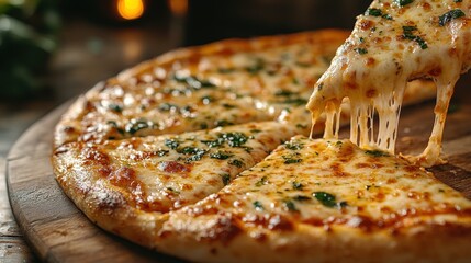 Close-up of pizza margherita slice being lifted in an Italian street setting