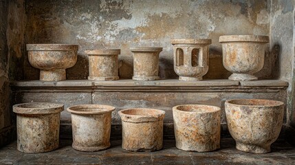 Ancient stone vessels displayed in church alcove