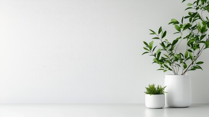 Minimalist white room, plants, interior design.  Website banner