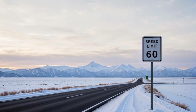 Snowy road scene with speed limit sign and mountains in the background at sunset - Powered by Adobe