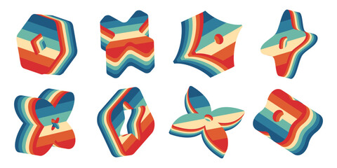 Retro abstract 3D shapes with rainbow stripes isolated on white background. Abstract shapes design elements in retro aesthetics y2k style. Vector illustration