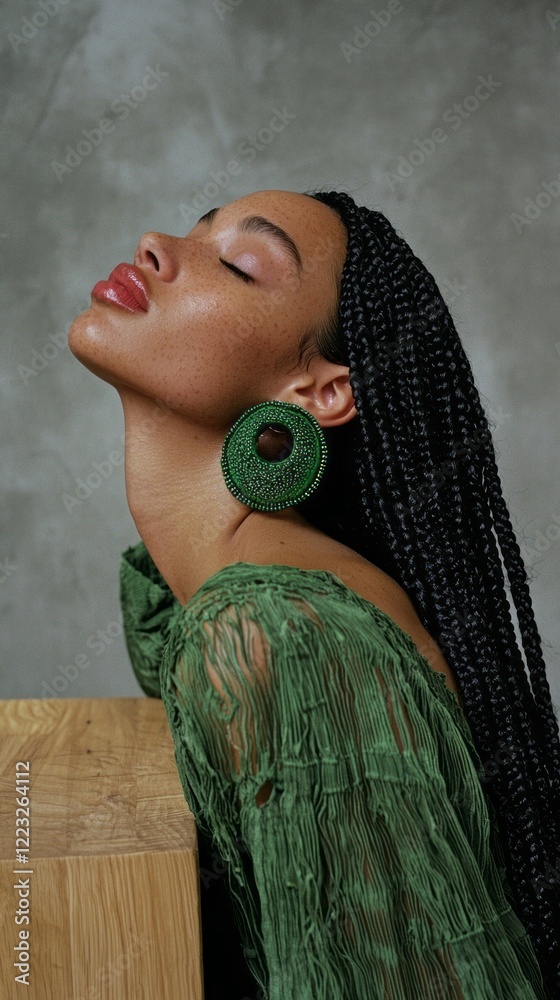 Poster long box braids cascade elegantly as the model tilts her head in a soft light, adorned with vibrant 
