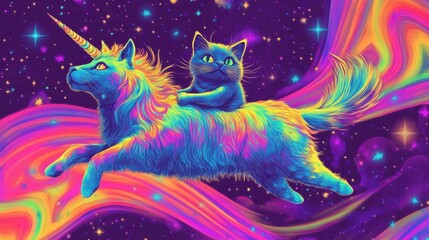 A Rainbow Cat Unicorn Soars Through Space