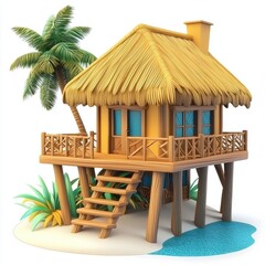 Fototapeta premium 3D icon cartoon tropical resort bungalow, isolated on a white background 