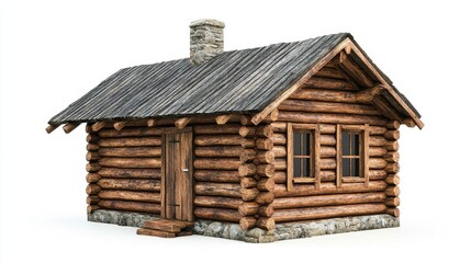 Cozy wooden cabin with stone chimney and rustic charm