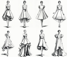 Stylish women wear beautiful mini wedding dresses set in sketch style