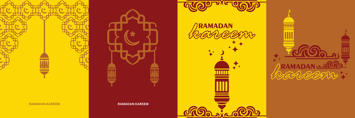 Set of four elegant Ramadan Kareem greeting cards featuring various Islamic motifs, lanterns, and ornaments. Perfect for diverse Ramadan greetings.