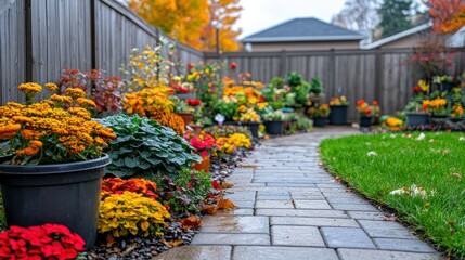 Autumn backyard garden path, flowers, fall foliage, paving stones