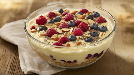 A clear glass bowl filled with creamy, velvety Greek yogurt, topped with a vibrant mix of plump blueberries, raspberries, and blackberries. 
