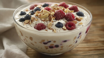 A clear glass bowl filled with creamy, velvety Greek yogurt, topped with a vibrant mix of plump blueberries, raspberries, and blackberries. 