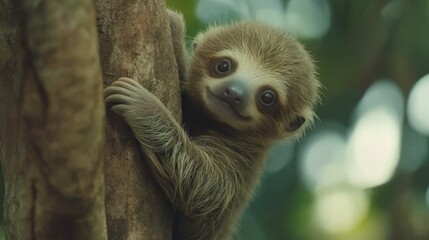 Fototapeta premium Adorable baby sloth climbing a tree in lush greenery