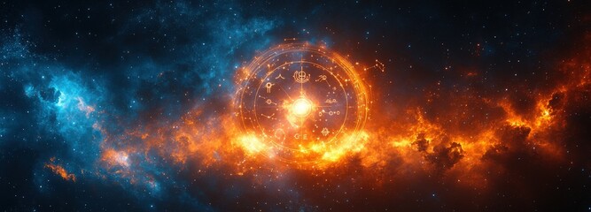 Obraz premium Cosmic orb with zodiac signs glowing amid a deep blue starry backdrop