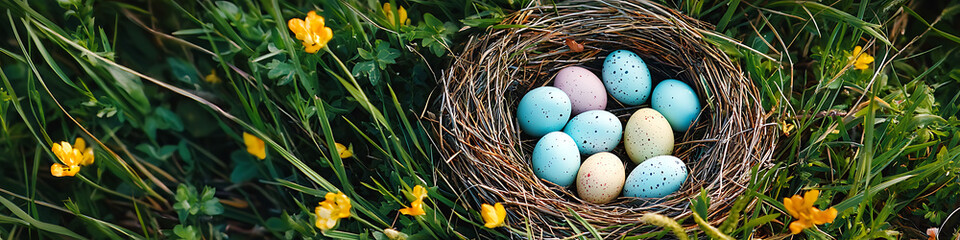 Obraz premium Easter eggs in nest on green grass background. Easter banner.