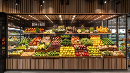 Fresh Organic Fruits and Vegetables Display in Modern Grocery Store