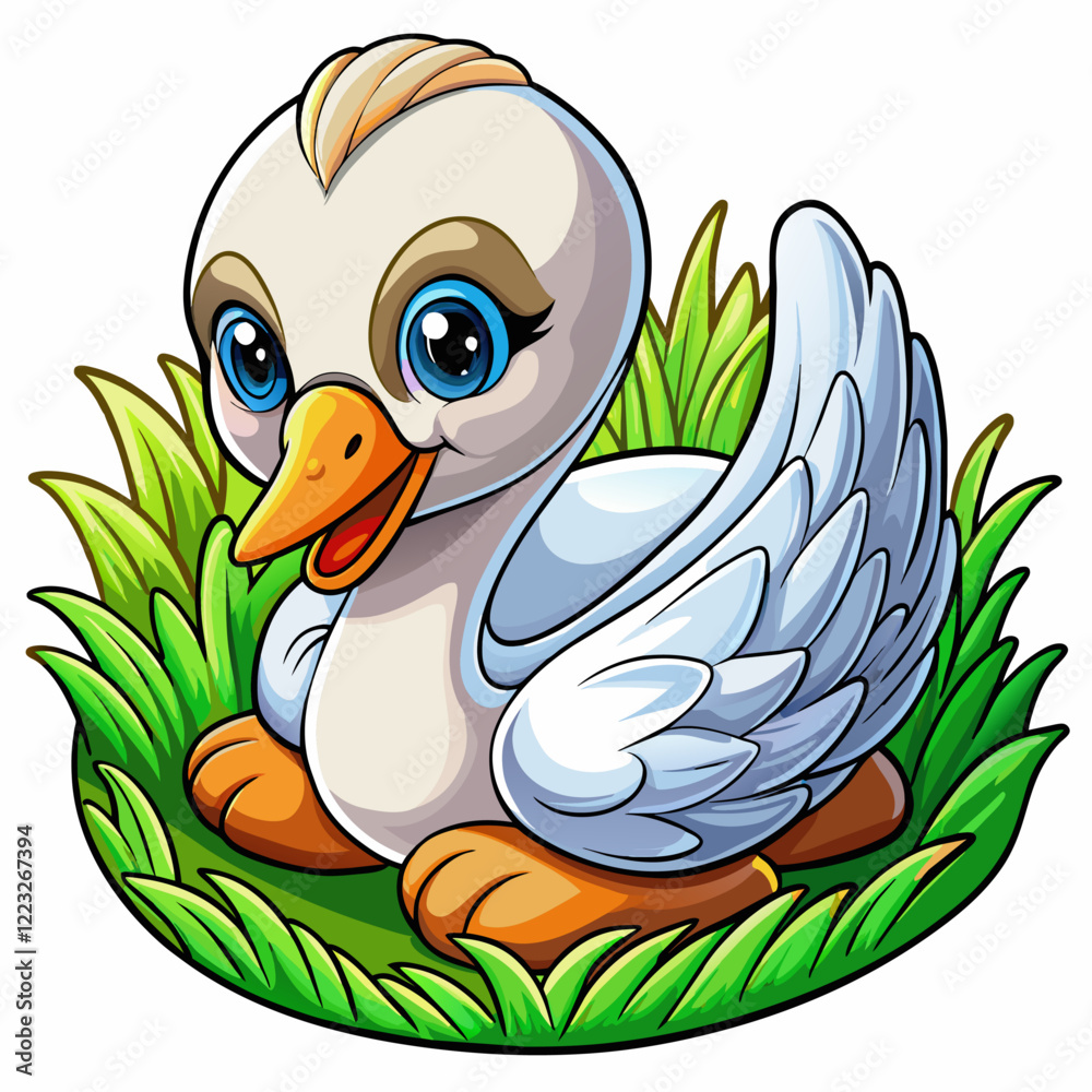 Wall mural vector illustration of a baby duck on the grass on white background - generative ai