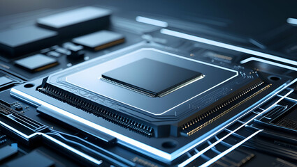 Obraz premium A Futuristic High-Angle Macro View of AI Technology, Digital Innovation