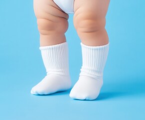 Socks Mockup Concept. Baby legs in white socks on a blue background, showcasing softness and cuteness, perfect for child-related themes.