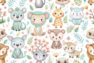 Adorable watercolor animal seamless pattern.