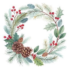 Fototapeta premium Watercolor Christmas Wreath Composition Pine, Holly, Berries Isolated on Transparent Background, Christmas Wreath Clipart, Holiday Wreath, Watercolor Clipart, Christmas Decor