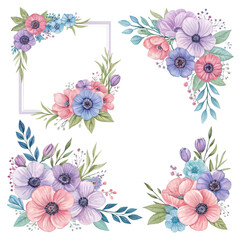 Watercolor Floral Corner Frame Composition Pink and Purple Anemones, Isolated on Transparent Background, Wedding Invitation Design, Floral Frame, Anemone, Watercolor