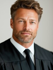 Young male judge in black robe looks professional and confident against a clean white background in a stock setting