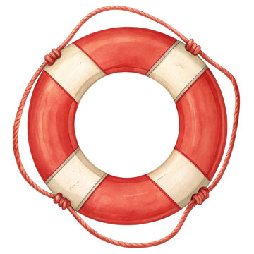 Watercolor Lifebuoy Illustration Red and White Life Ring Isolated on Transparent Background, Nautical, Summer, life preserver, maritime, safety