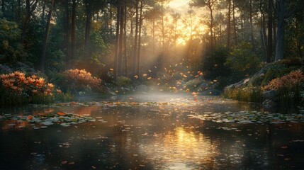 Fototapeta premium Autumn forest pond sunset, leaves falling, misty, serene landscape