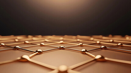 glowing network of interconnected golden nodes and lines creates futuristic and abstract pattern, symbolizing connectivity and technology. warm lighting enhances metallic texture, adding depth and