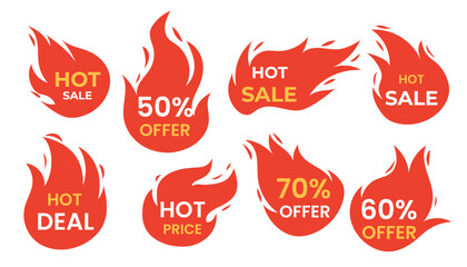 Vector set hot sale badges with burning fire. Offers discount icons collection. Last chance, last hour ,total sale, stickers