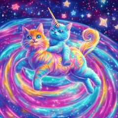 Colorful Cats Riding Through A Cosmic Galaxy