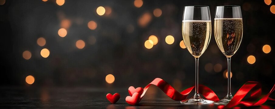 Two elegant champagne flutes sit on a table, adorned with a red ribbon, against a backdrop of soft, glowing bokeh lights, perfect for celebrations.