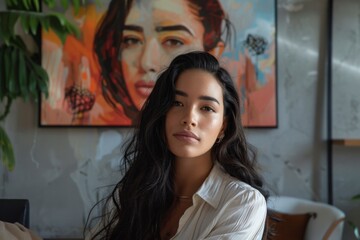 Fototapeta premium Portrait of a young Hispanic woman in a modern home