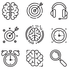 Set of outline icons related to focus, concentration. Linear icon collection. Editable stroke. Vector illustration