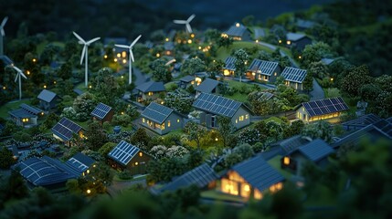 A vibrant rural community showcases renewable energy innovations and sustainable living amidst a serene evening landscape.
