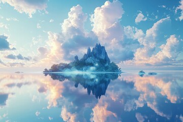 Fototapeta premium A dramatic view of a tropical atoll with towering cumulus clouds reflected in the glassy lagoon, creating a surreal and dreamlike atmosphere