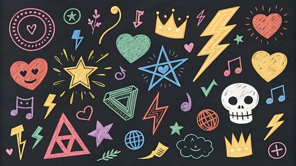 Chalk doodles collection blackboard drawings colorful teenage elements hand drawn style music notes hearts lightning stars peace signs crown emoji school elements design education background