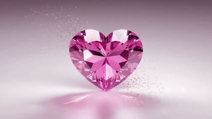 3D Render of a Vibrant Pink Heart-Shaped Crystal with Sparkling Particles on a Soft Gradient Background