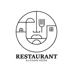 Minimalist restaurant logo, black lines on white background, abstract face shape, spoon and fork, house with window