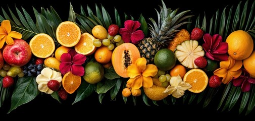 A vibrant flat lay of tropical fruits and flowers colorful beauty culinary inspiration and exotic appeal fresh and inviting