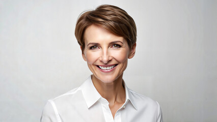 Confident woman with short hairstyle in white blouse