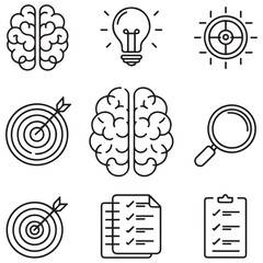 Set of outline icons related to focus, concentration. Linear icon collection. Editable stroke. Vector illustration
