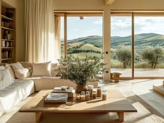 A living room with a large window and a wooden coffee table. A vase of flowers sits on the table