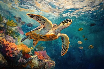 A vibrant underwater view of a sea turtle swimming gracefully over a coral reef, surrounded by colorful fish and thriving marine life, symbolizing successful conservation efforts